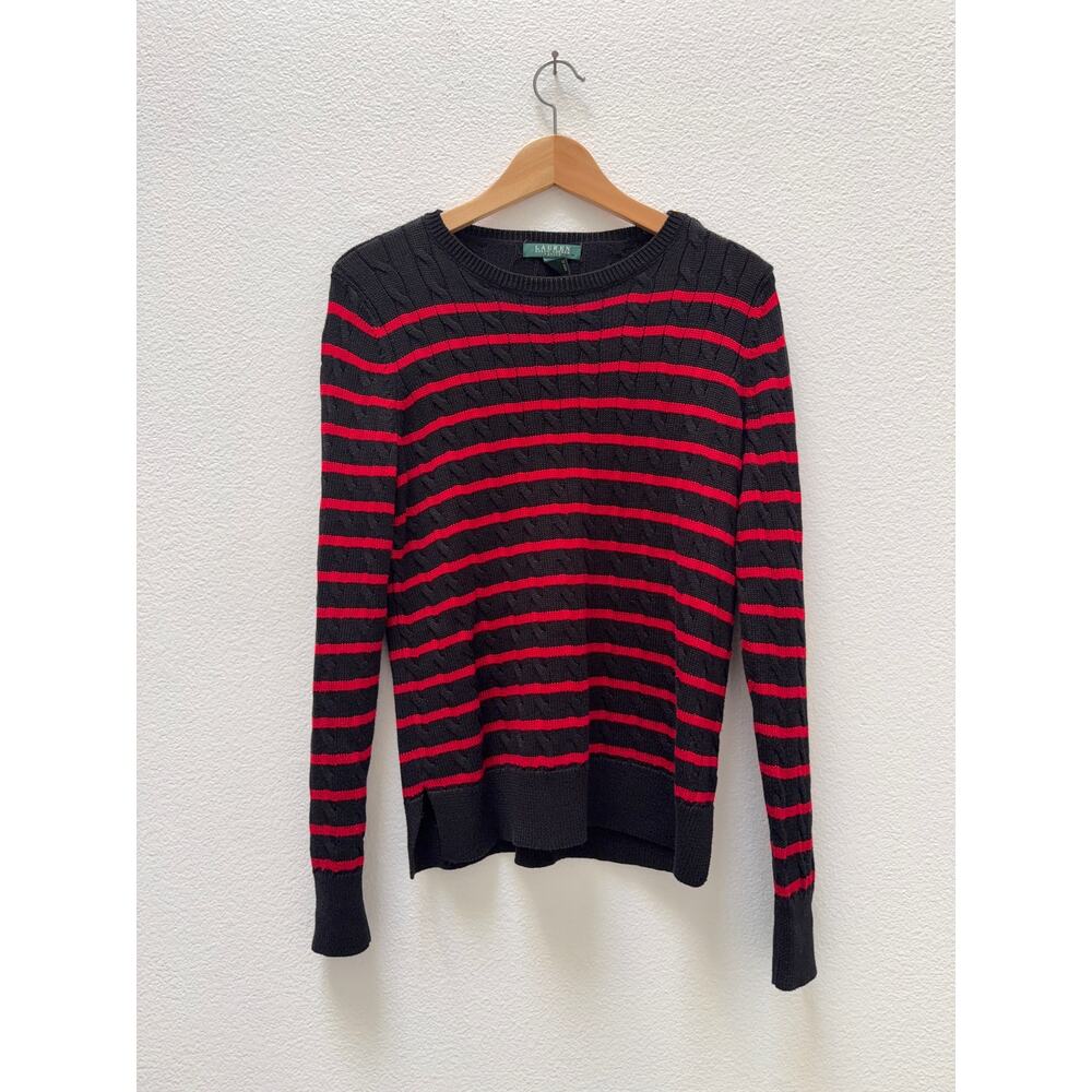 Lauren Ralph Lauren Petite PL Cable Knit Stripe Sweater Black Red